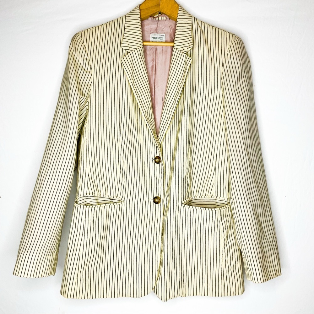 United Colors of Benetton Wool Blazer 42 Cream Stripe 90s - Picture 6 of 12